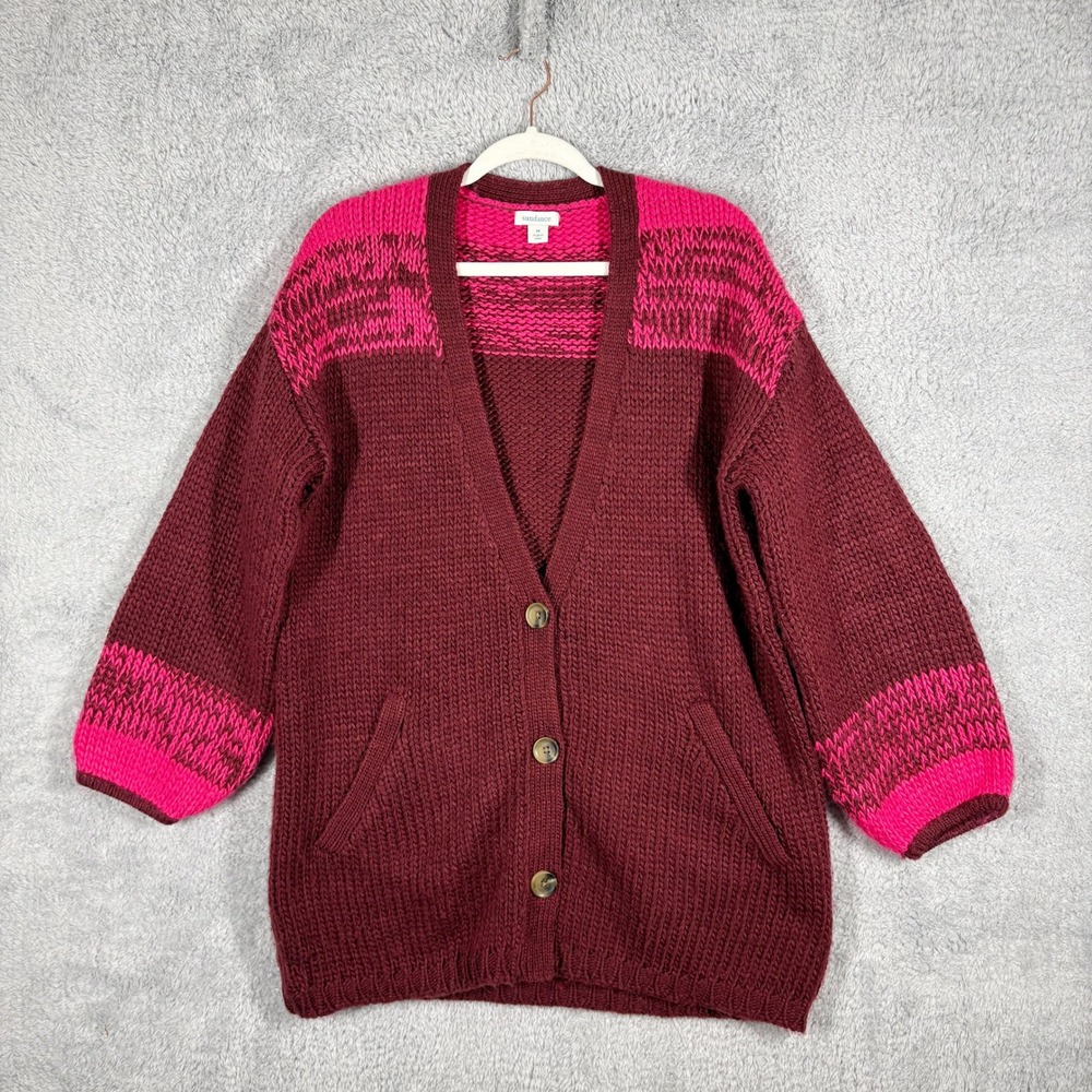 Sundance Best Friends Ovesized Cardigan Sz M Burgundy Pink Fair Isle Balloon Slv